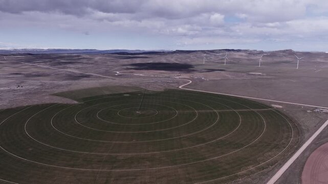 Aerial View of a Wind Farm Amid Farmland on the Rural Plains of Bridger, Montana