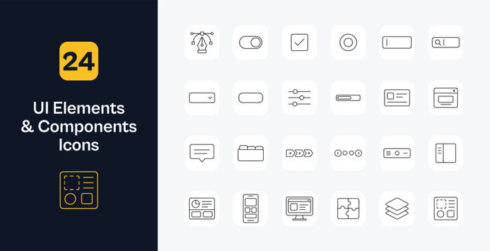 UI elements and components line icon set with toggle switch checkbox radio button text input search field dropdown pill button slider progress bar card modal window tooltip tabs and layout blocks