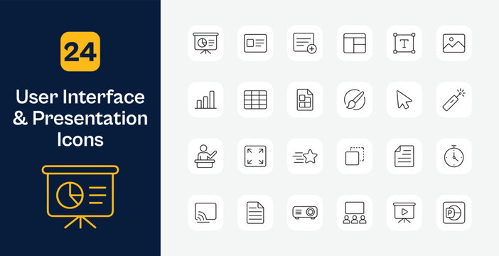 User interface and presentation line icon set with slide deck projector screen text box table image chart layout template brush cursor speaker podium audience timer and slideshow play symbols