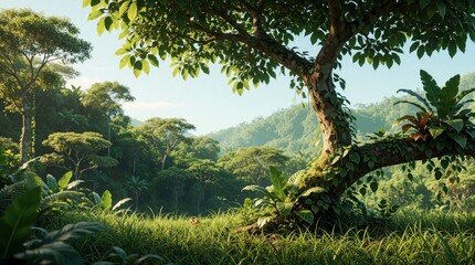 Naklejka na ściany i meble Sunlight filters through rich forest canopy onto green grass and ancient tree branch. Verdant jungle landscape with dense foliage and rolling hills. Serene natural world.