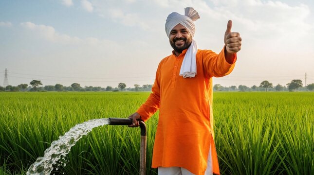 Happy Indian farmer standing in green paddy field holds water pipe for irrigation. Man wearing orange traditional clothes, white turban shows thumb up gesture. Smiling male worker provides fluid for