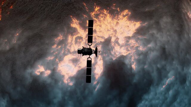 Satellite in Space passing planet, 3D animation
