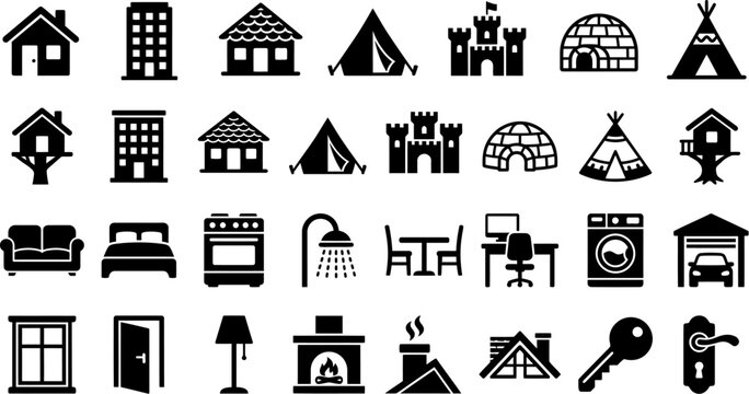 Real estate and home interior icons, 28 black vector silhouettes of houses and furniture, residential building and apartment symbols for floor plans Ediable path.