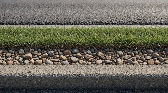 Asphalt road edge meets green grass lawn, pebble stone border. Construction layers show concrete curb surface, gravel ground texture. Top view of urban street infrastructure streetscape design. Man