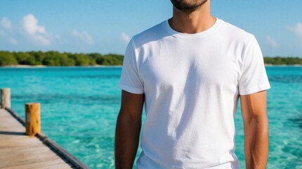 Obraz premium Hispanic man stands on wooden dock wearing plain white t shirt during summer vacation. Male person poses by blue turquoise ocean water near island coast. Guy enjoys sunny tropical climate day