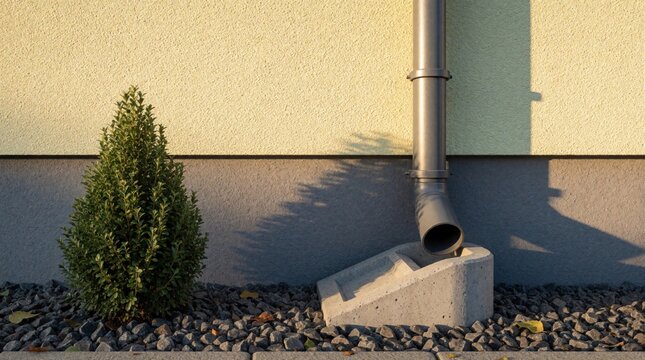Rain gutter downpipe directs water away from house foundation onto concrete splash block. Small evergreen bush grows in gravel yard near building wall. Sunlight casts long shadows on the exterior.