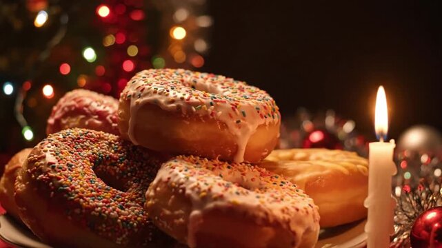 Glazed donuts with powdered sugar arranged on a dark wooden table with a single lit candle during the holiday season.