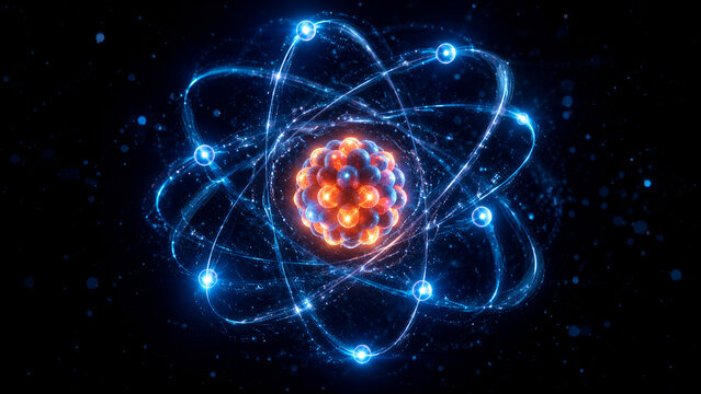 Glowing Atomic Structure Illustration with Orbiting Electrons and Energy Concept