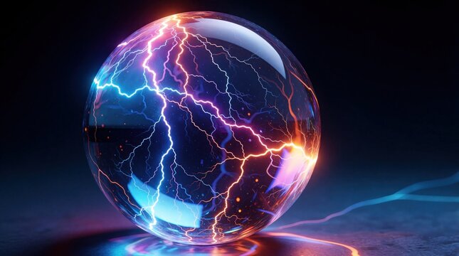 Glowing plasma ball with colorful electric lightning bolts inside glass sphere. Bright energy pulses radiate through dark space. Science experiment physics research neon sparks visual effect. Modern