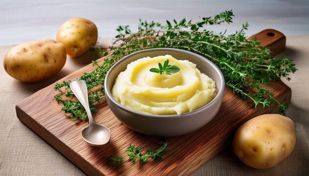 creamy mashed potatoes in a small grey bowl on a wooden cutting board with fresh herbs and raw potatoes nearby