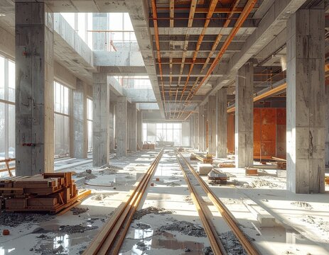 Interior of unfinished modern commercial building under active construction with concrete pillars and bright daylight