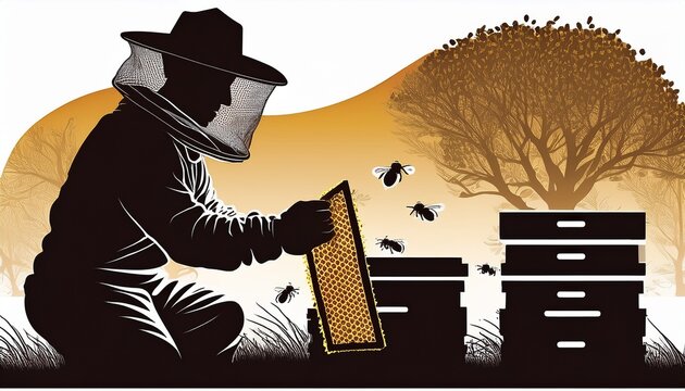 silhouette of a beekeeper holding a hive with bees