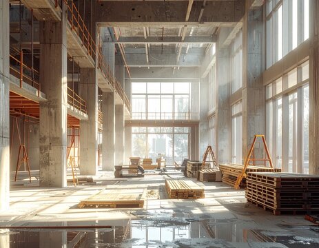 Sunlit interior of modern commercial building under construction featuring concrete columns and scaffolding