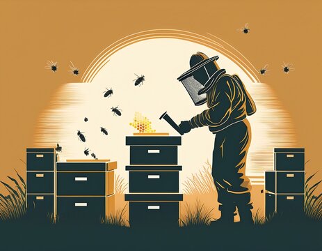 beekeeper inspecting hive smoker and boxes nearby beekeeping silhouettes