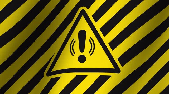 Warning Sign: A graphic illustration of a yellow triangle warning sign with a black exclamation mark inside, set against a background of black and yellow diagonal stripes.