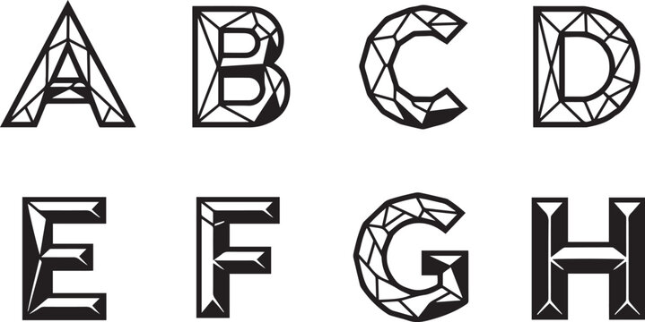 Geometric Low Poly Alphabet Letters A to H Black and White Vector Illustration