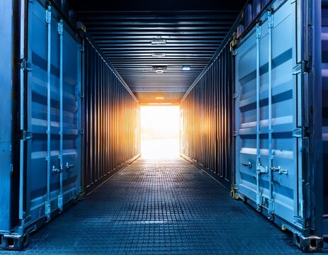 open metal shipping container with bright light shining from inside at night in an industrial yard