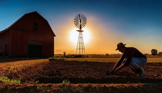 silhouettefarmer planting in a field windmill and barn in background