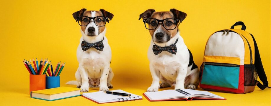 Two funny Jack Russell dogs wear black glasses, bow ties as smart students. Puppies sit on bright yellow background near colorful school supplies books backpack, pens. Pets ready for back to school