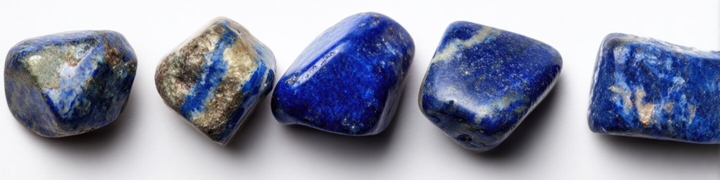 Five tumbled lapis lazuli stones arranged in a row on a white background