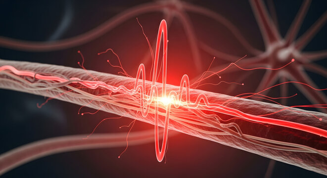 Abstract representation of neural pathway activity with electrical impulses firing along a nerve cell