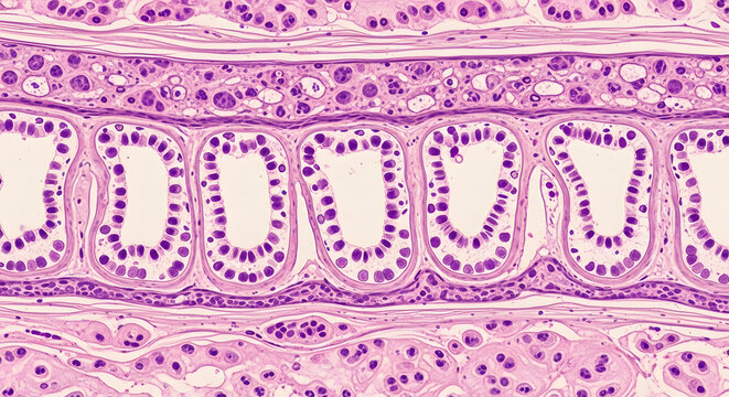 Microscopic view of cross-sectioned mammalian kidney tubules showcasing epithelial cells and surrounding tissue in a vibrant pink hue