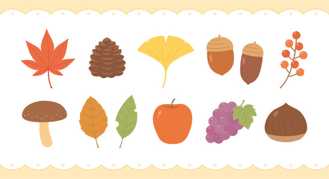 秋のアイコンイラストセット（紅葉・イチョウ・どんぐり・木の実）