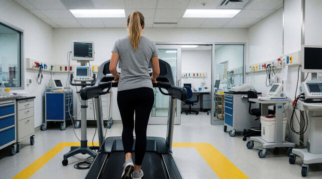 Woman walks on medical treadmill during cardiac stress test in hospital lab. Patient on professional heart diagnostic checkup connected to monitoring equipment. Doctor observes physical performance,