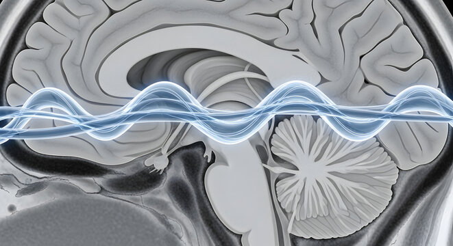 Human brain scan MRI sagittal view with glowing blue wave frequency representing brainwaves and neural activity