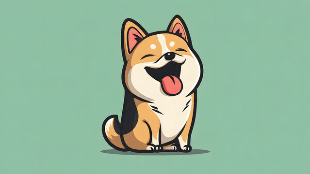 A cute, happy cartoon dog with its tongue out, sitting and smiling against a muted green background. A simple, cheerful illustration that evokes joy.