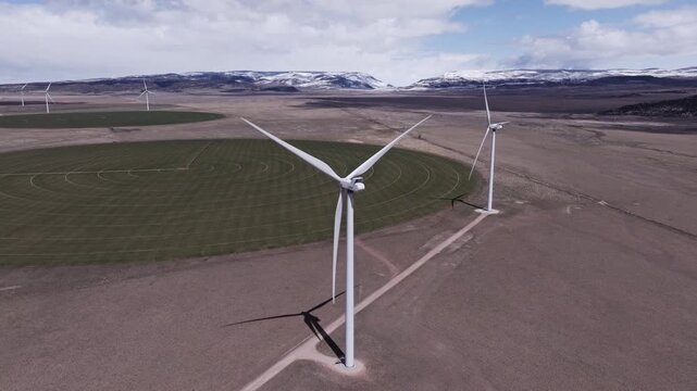 Aerial View of a Wind Farm Amid Farmland on the Rural Plains of Bridger, Montana