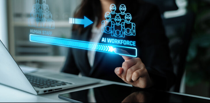 Digital Transformation in Business Representing Human Staff Transitioning to AI Workforce Through Innovative Technology and Smart Solutions. Liminal.