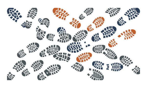 Abstract composition of stylized hiking boot footprints with geometric tread marks and lug designs arranged in a balanced graphic layout on white background