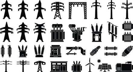 Naklejka premium Electrical infrastructure silhouette icons of transmission towers, power lines, transformers, turbines, and solar panels representing energy systems