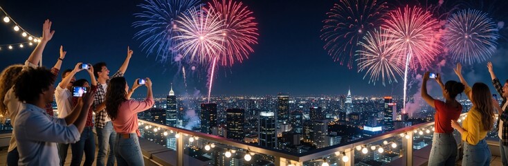 Diverse group of happy young friends stands on city skyscraper rooftop during night party. People watch colorful fireworks explosion over urban skyline horizon. Men, women hold smartphones recording © Maryna