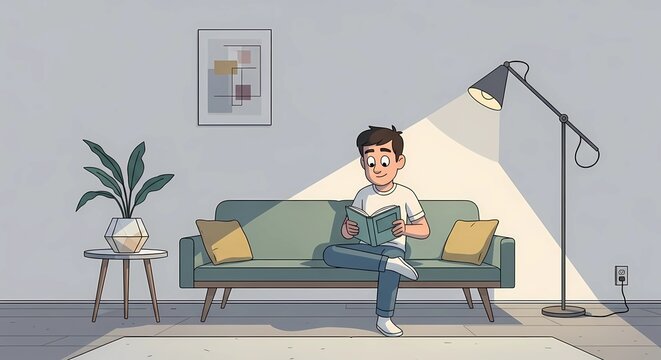 Young Man Reading Book on Sofa Under Floor Lamp Light