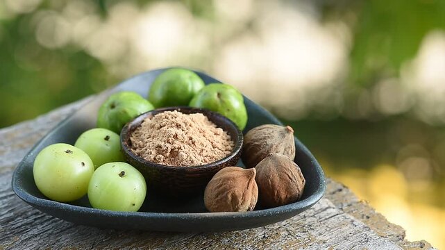 Indian Gooseberry ,terminalia chebula ,terminalia bellirica fruits and powder on natural background.