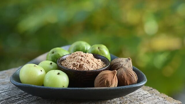 Indian Gooseberry ,terminalia chebula ,terminalia bellirica fruits and powder on natural background.