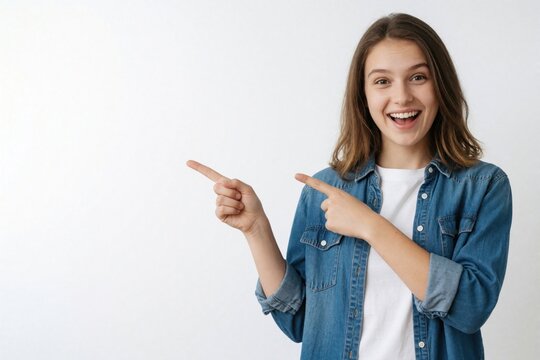 Cheerful teenage girl points finger left at empty space with surprised expression. Young female student wears casual denim shirt looks excited at camera. Beautiful person shows promotional offer on