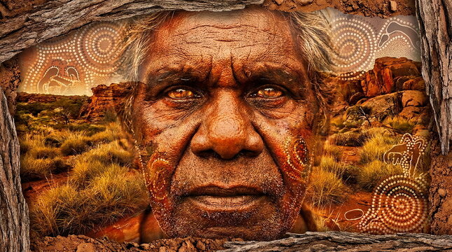 Elderly indigenous man portrait with desert landscape and art