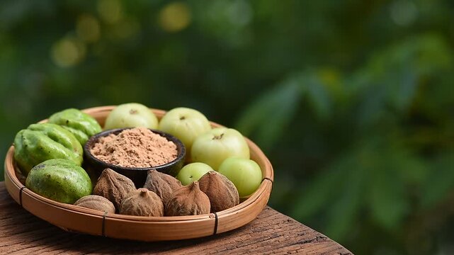 Indian Gooseberry ,terminalia chebula ,terminalia bellirica fruits and powder on natural background.