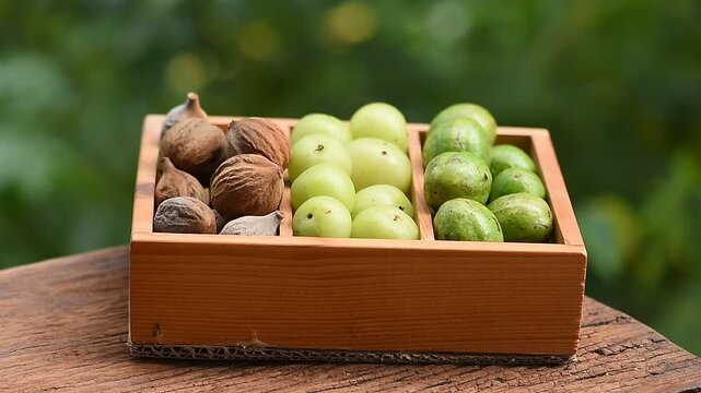 Indian Gooseberry ,terminalia chebula and terminalia bellirica fruits on natural background.