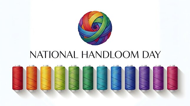 National Handloom Day Celebration with Colorful Thread Spools and Yarn Ball.