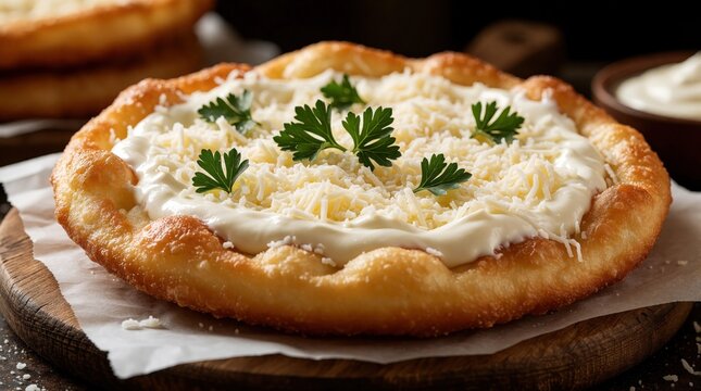 Crispy deep fried Hungarian langos flatbread served with sour cream grated cheese and fresh parsley garnish. This traditional yeasted dough snack is a popular street food item.