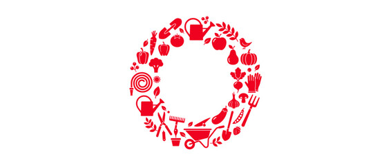 Fototapeta premium Red Garden Icons Arranged in Circular Wreath Shape
