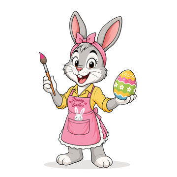 Cute Easter Bunny Painter Character with Paint Brush and Decorated Egg Vector Illustration