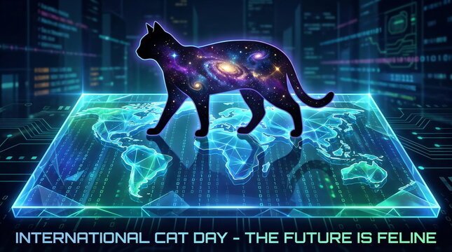 Futuristic cosmic cat hologram over digital world map.