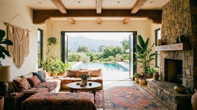 Rustic Mediterranean Living Room with Stone Fireplace Opening to Luxury Pool and Mountain View