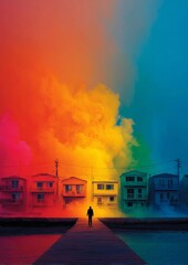 Obraz premium Silhouette on Dock Amidst Vibrant Rainbow Hues and Serene Waters.