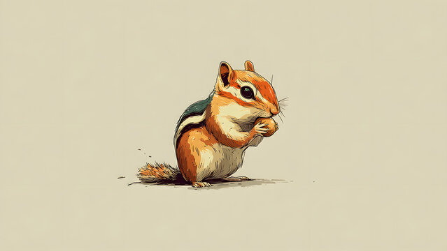 A cute chipmunk is eating a nut, with its hands clasped in front of its face and its bushy tail curled behind it. The illustration features a soft, warm color palette and a charming, whimsical style.
